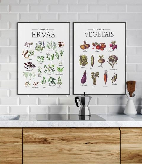 Kit Quadros para Cozinha Ervas e Vegetais