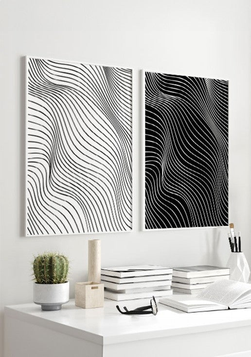 Kit 2 Quadros Ondas Abstratos Preto e Branco