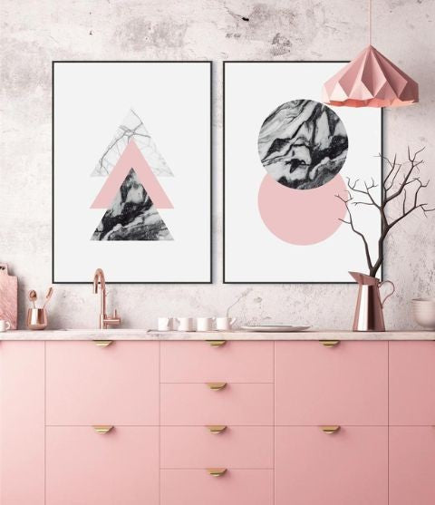 Kit 2 Quadros Geométricos em Rose e Cinza