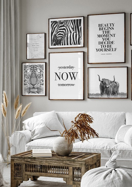 Composição de Quadros em Preto e Branco Animais e Frases