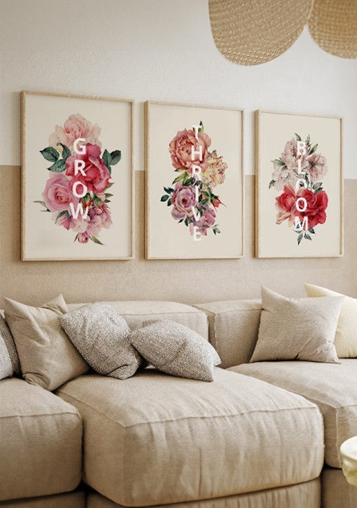 Kit 3 Quadros Florais para Sala