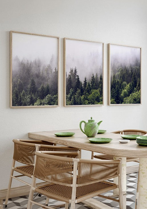 Kit 3 Quadros Floresta com Neblina