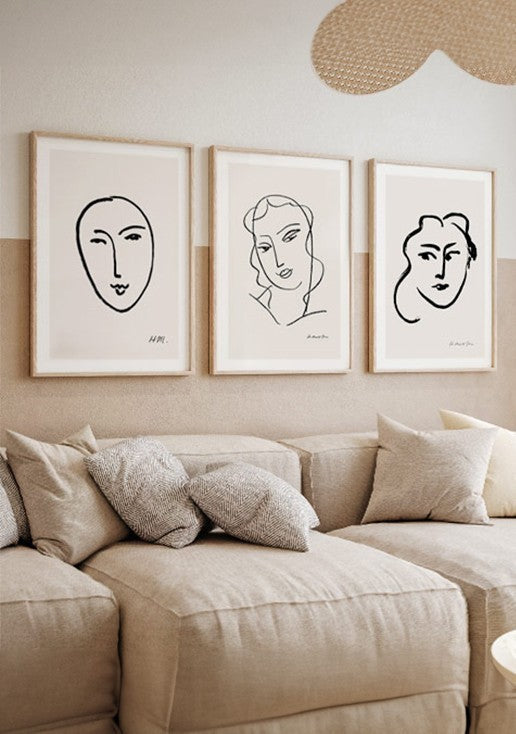 Kit 3 Quadros Matisse Rostos Preto e Branco