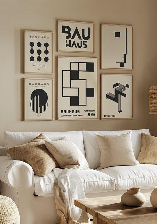 Composição 6 Quadros Abstratos Bauhaus Preto e Branco