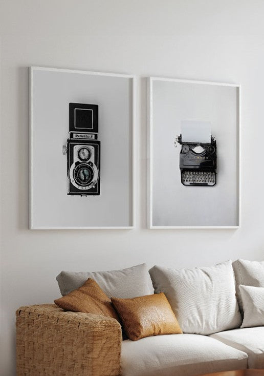 Kit 2 Quadros Câmera Vintage + Máquina de Escrever