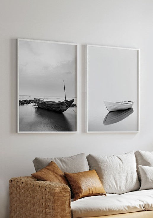 Kit 2 Quadros Decorativos Barcos Preto e Branco
