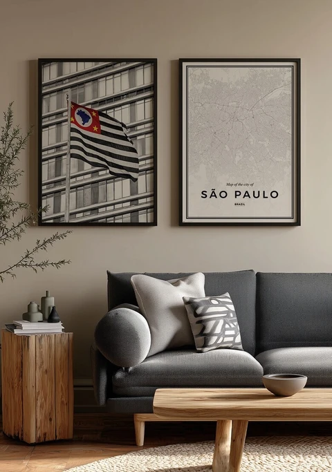 Kit 2 Quadros Bandeira do Estado + Mapa da Cidade de São Paulo