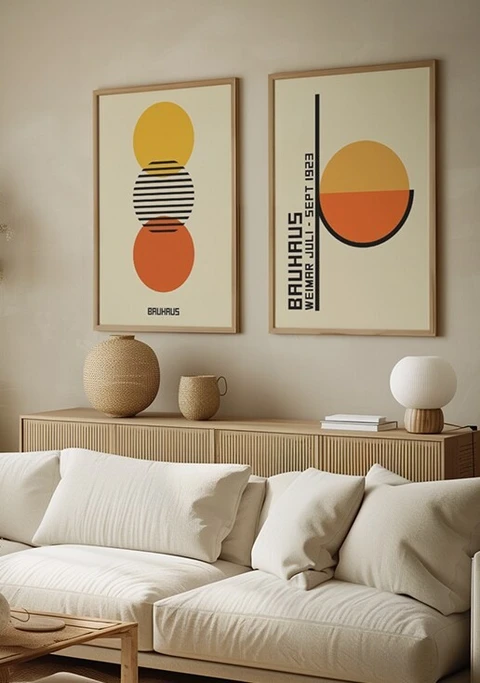 Kit 2 Quadros Bauhaus Abstrato Laranja e Amarelo