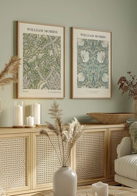 Kit Dupla de Quadros Flores Verdes William Morris