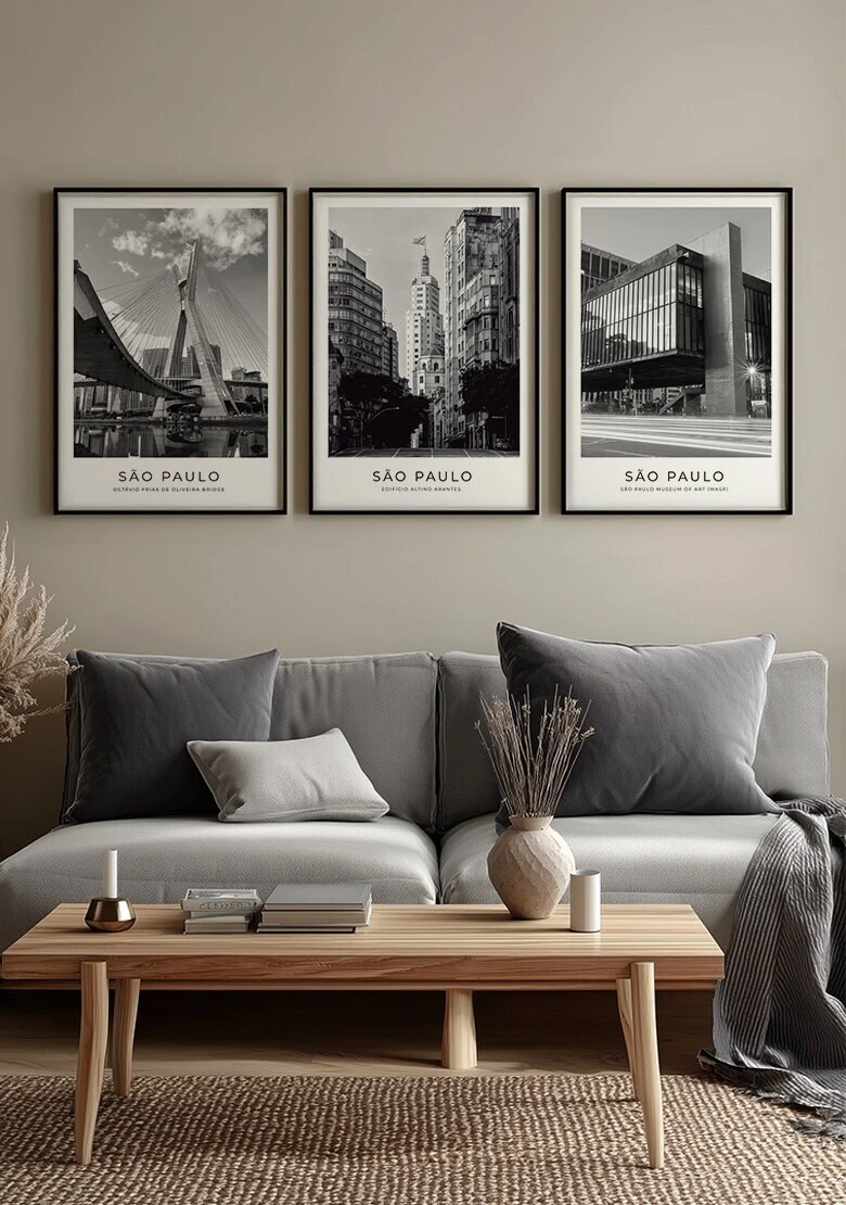 Kit 3 Quadros da Cidade de São Paulo em Preto e Branco