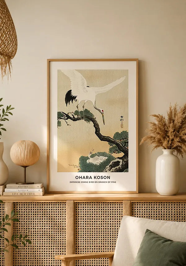 Quadro Ohara Koson Japanese Crane Bird on Branch of Pine
