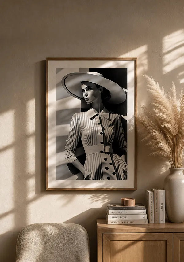 Quadro Mulher com Chapéu Preto e Branco