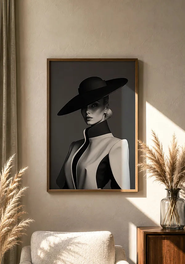 Quadro Mulher Moderna com Chapéu Preto e Branco