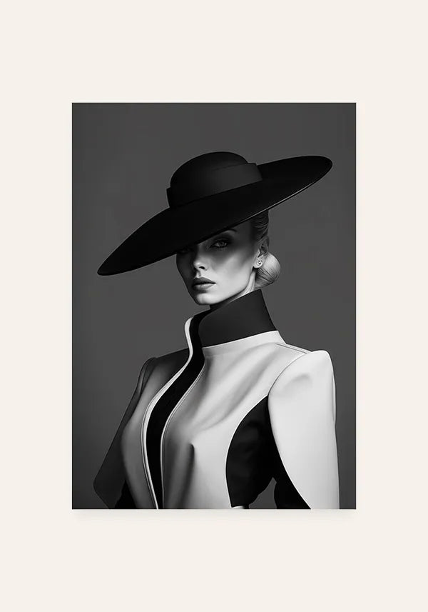Quadro Mulher Moderna com Chapéu Preto e Branco