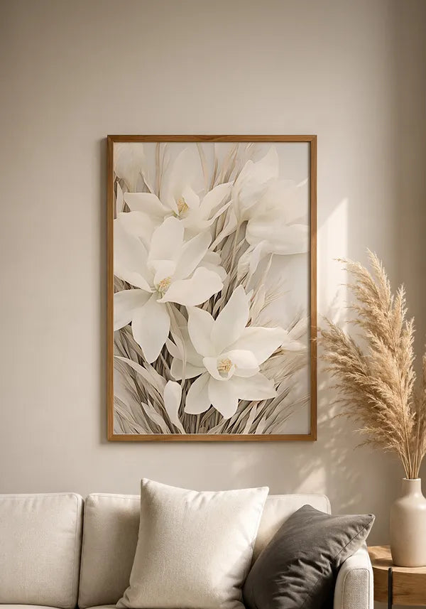 Quadro Arranjo Folhas Secas e Flores Brancas I