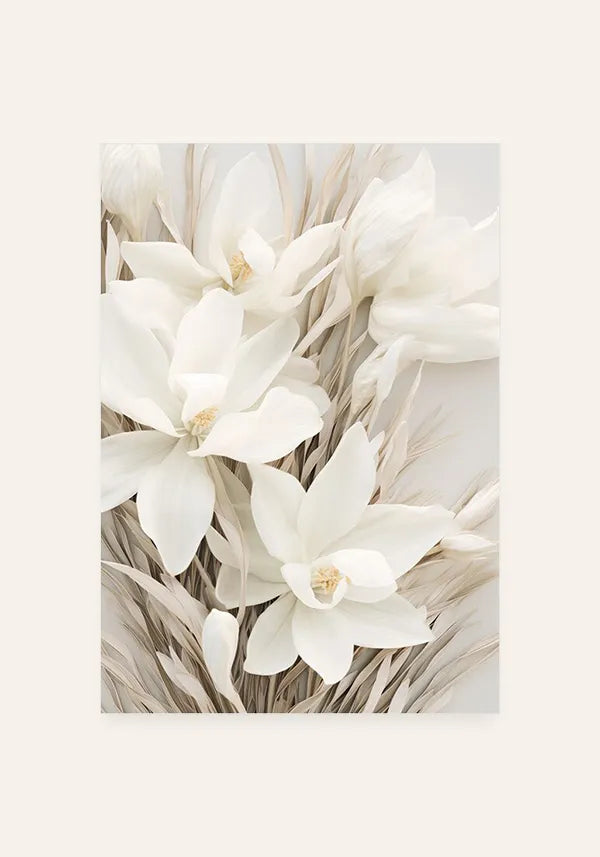Quadro Arranjo Folhas Secas e Flores Brancas I