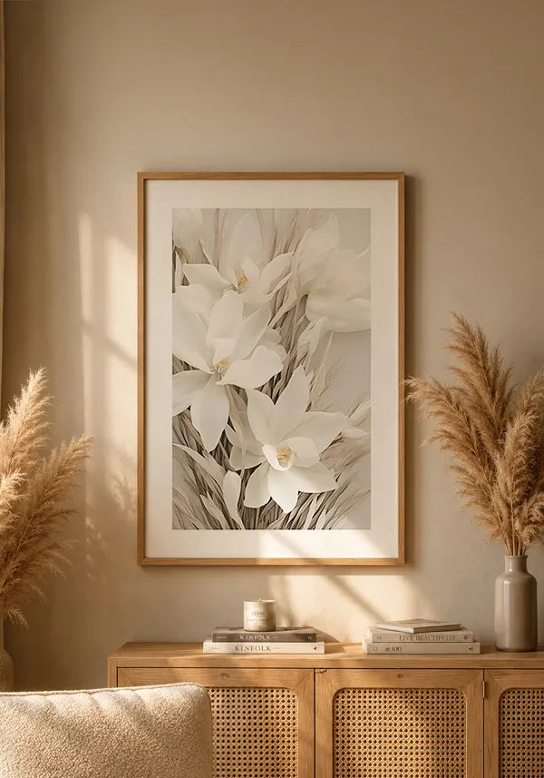 Quadro Arranjo Folhas Secas e Flores Brancas I com Borda