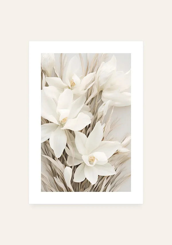 Quadro Arranjo Folhas Secas e Flores Brancas I com Borda