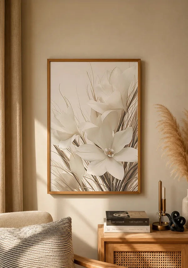 Quadro Arranjo Folhas Secas e Flores Brancas II