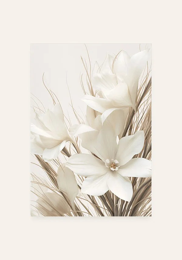 Quadro Arranjo Folhas Secas e Flores Brancas II