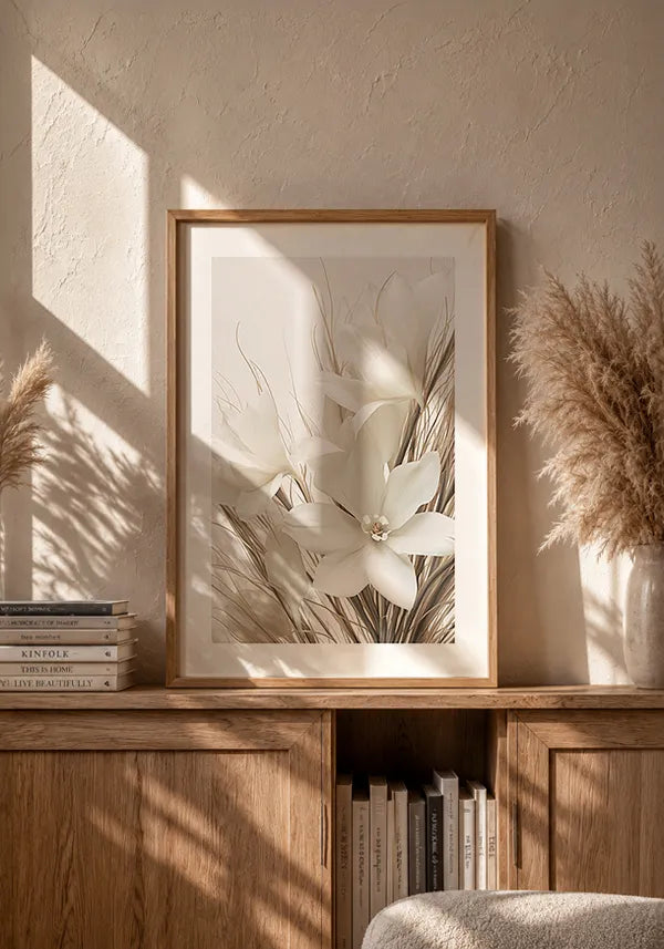 Quadro Arranjo Folhas Secas e Flores Brancas II com Borda