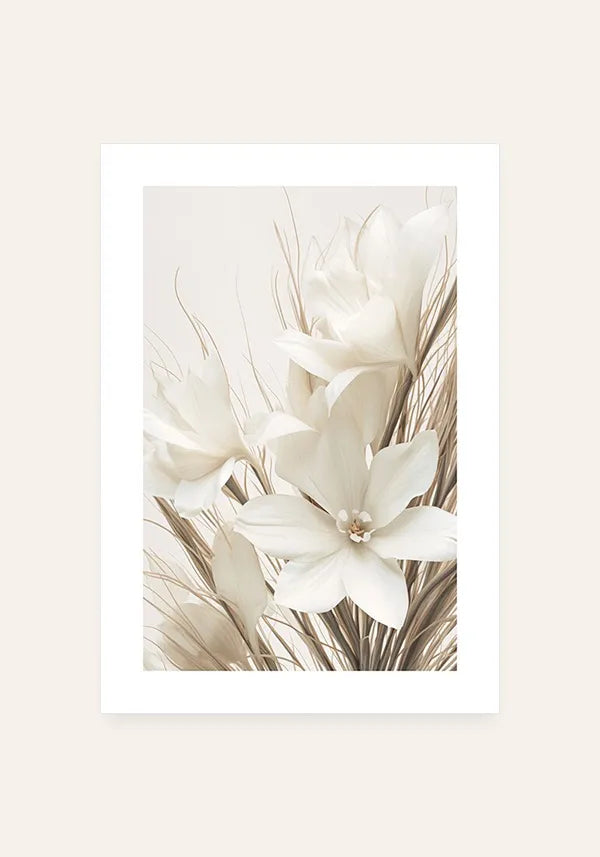 Quadro Arranjo Folhas Secas e Flores Brancas II com Borda