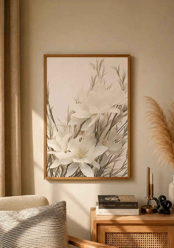 Quadro Arranjo Folhas Secas e Flores Brancas III