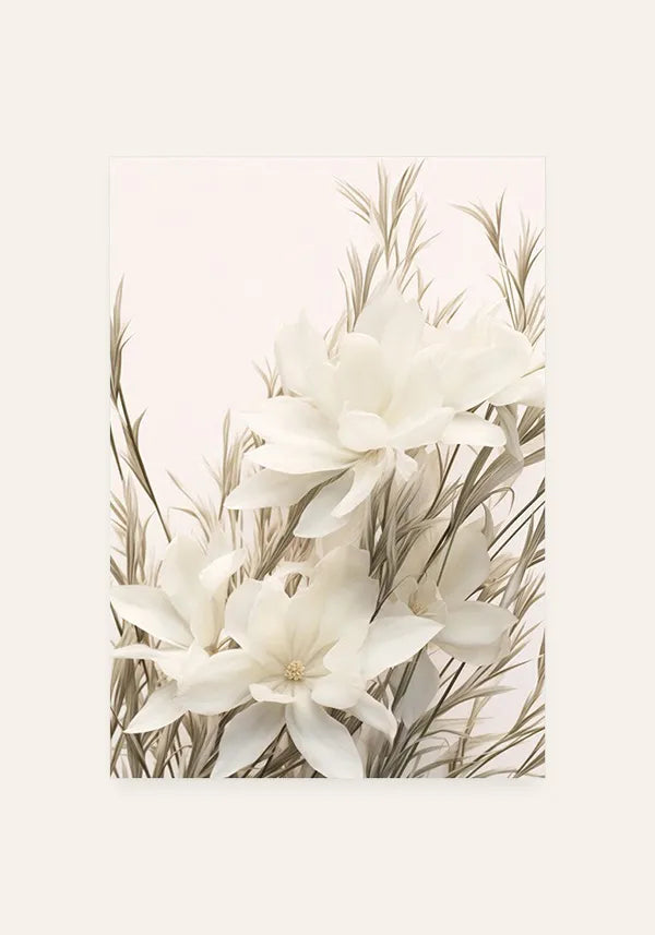 Quadro Arranjo Folhas Secas e Flores Brancas III