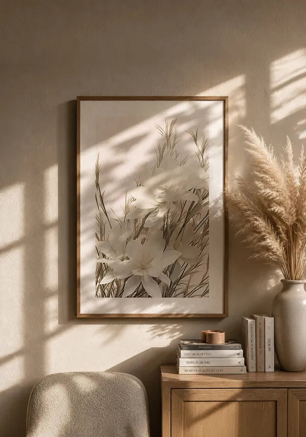 Quadro Arranjo Folhas Secas e Flores Brancas III com Borda