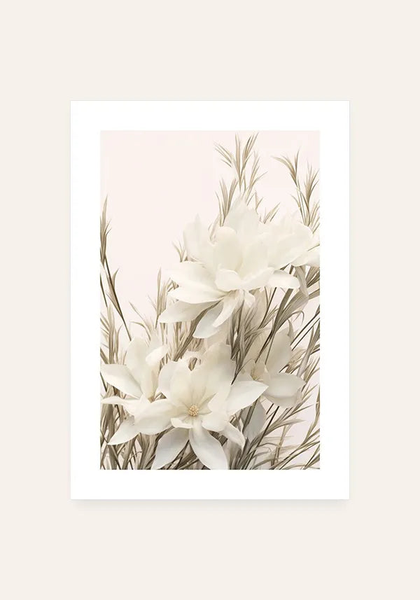 Quadro Arranjo Folhas Secas e Flores Brancas III com Borda