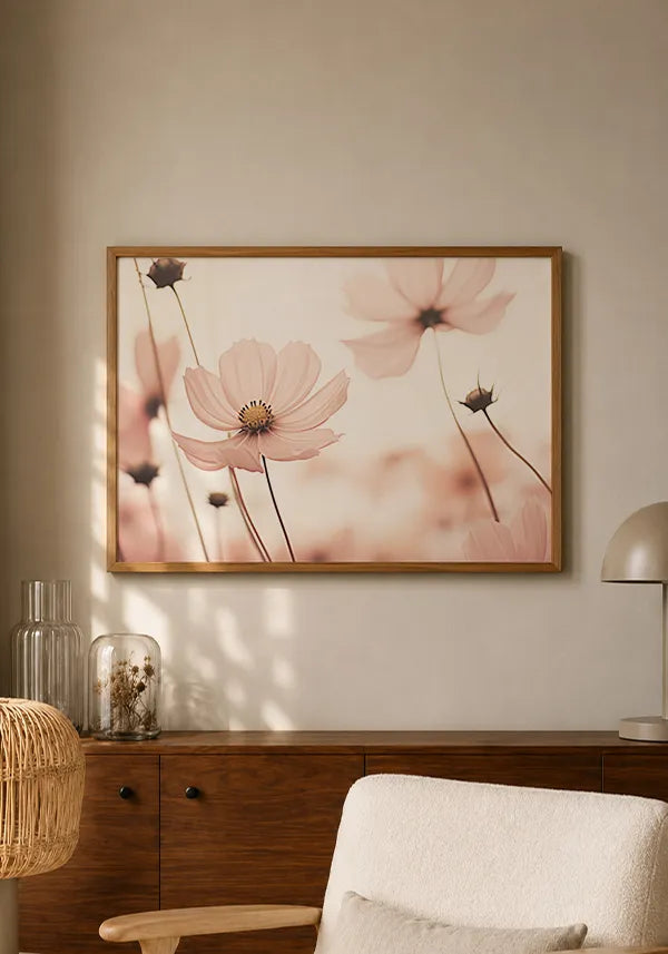 Quadro Flores no Campo Tons de Rosa Horizontal