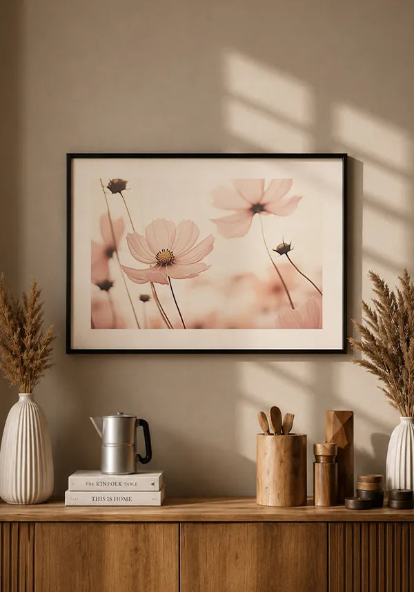 Quadro Flores no Campo Tons de Rosa Horizontal com Borda