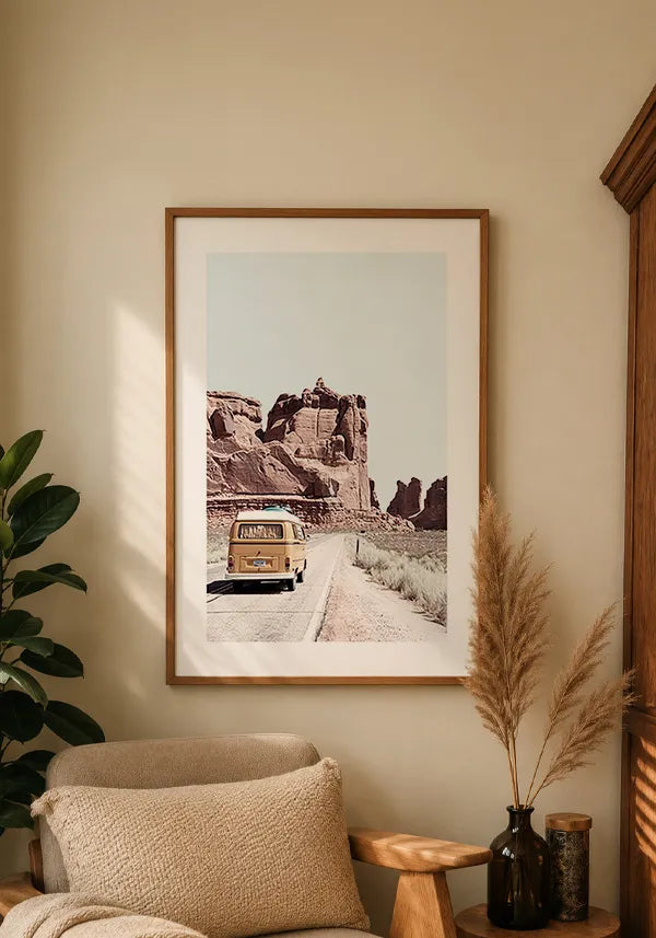 Quadro Decorativo Viagem de Kombi com Borda
