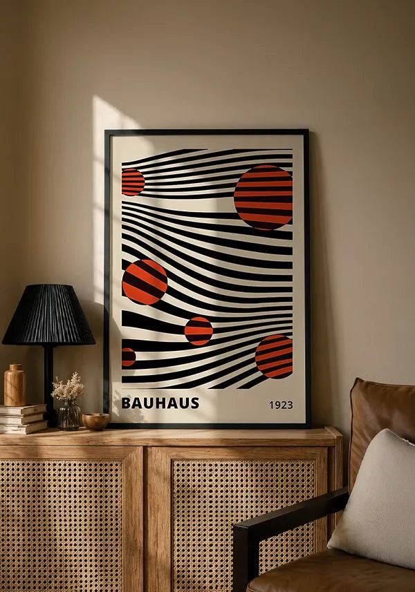 Quadro Bauhaus Linhas Abstratas e Bolas Vermelhas