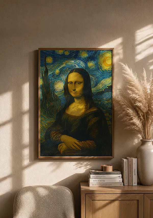 Quadro Monalisa de Leonardo na Noite Estrelada de Van Gogh