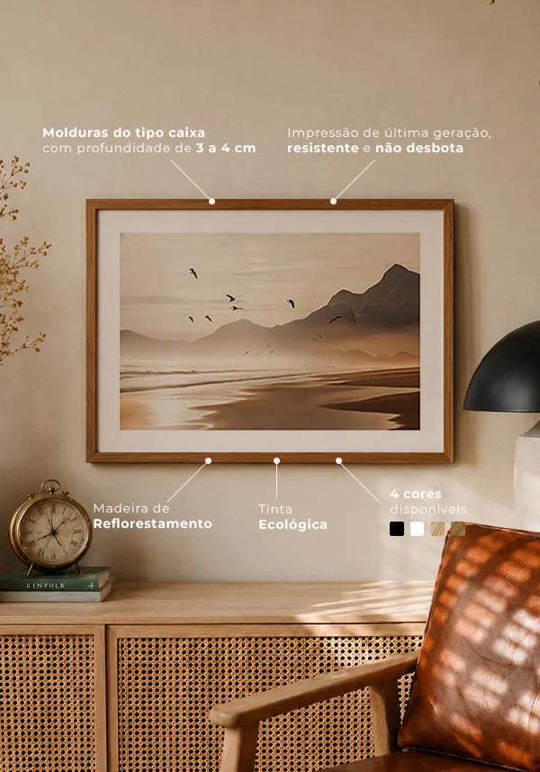 Quadro Pássaros Voando na Praia com Borda Horizontal no ambiente