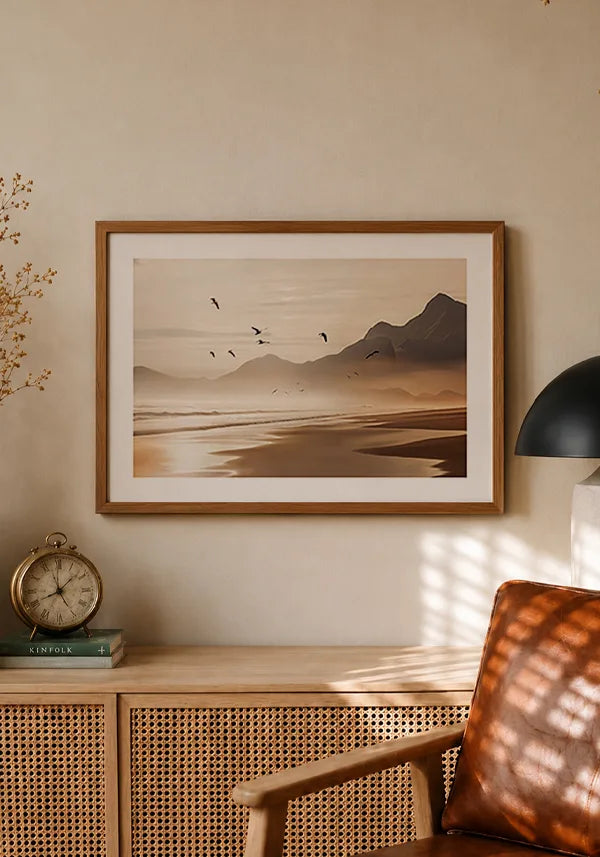 Quadro Pássaros Voando na Praia com Borda Horizontal no ambiente