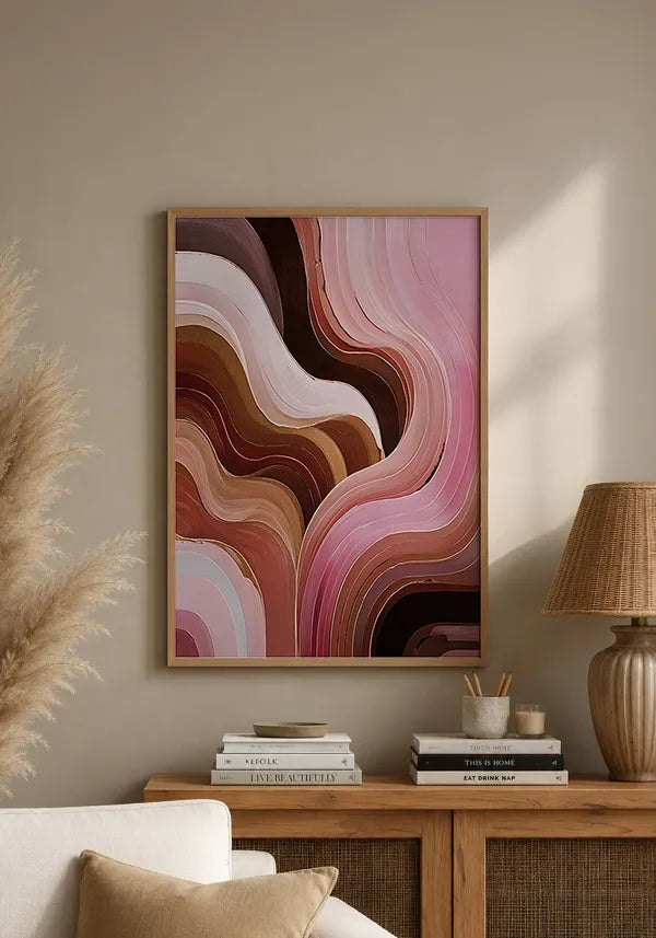 Quadro Abstrato Curvas em Rosa e Marrom