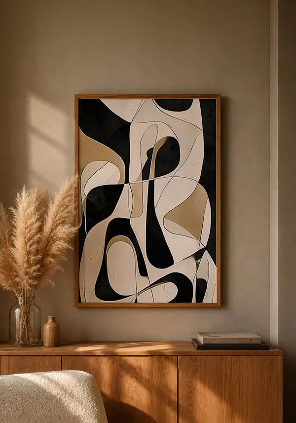 Quadro Abstrato Curvas e Linhas em Preto e Off White I
