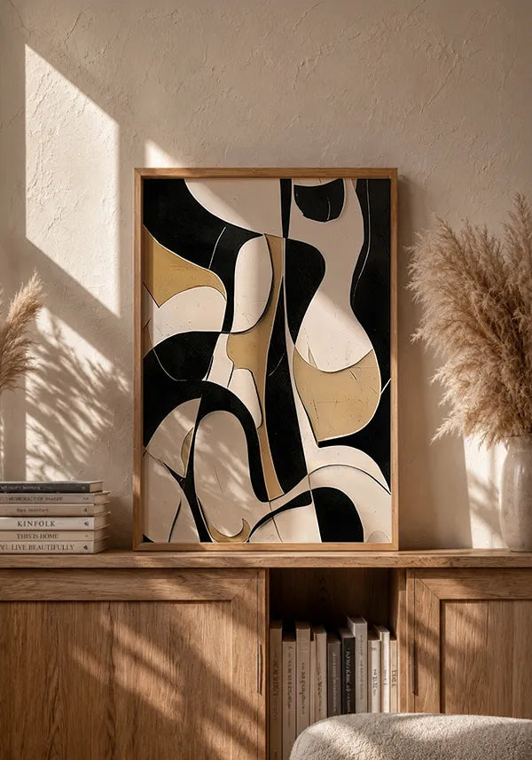 Quadro Abstrato Curvas e Linhas em Preto e Off White II
