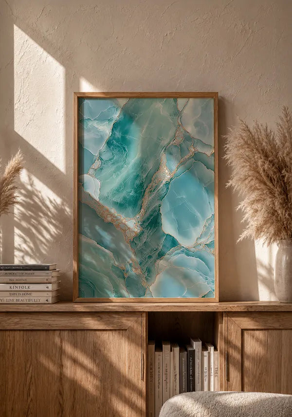 Quadro Abstrato Efeito Mármore Turquesa com Dourado I