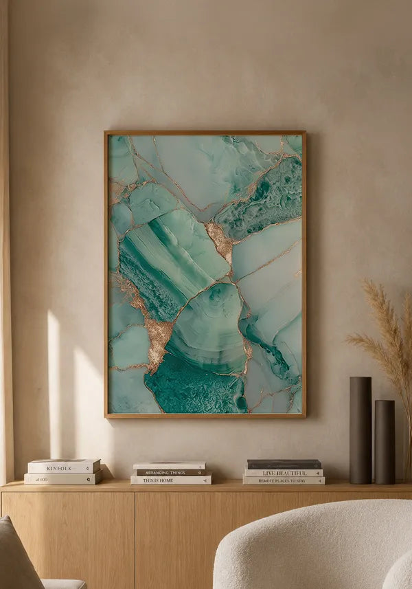 Quadro Abstrato Efeito Mármore Turquesa com Dourado II