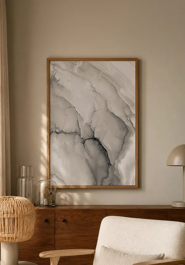 Quadro Abstrato em Branco e Grafite com Efeito Textura Marmorizada II