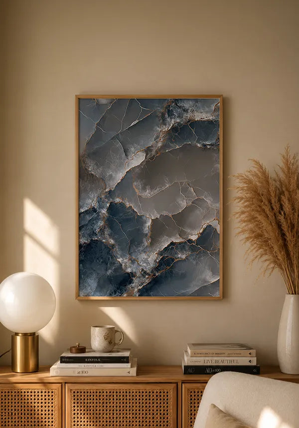 Quadro Abstrato Mármore em Azul Marinho e Dourado I