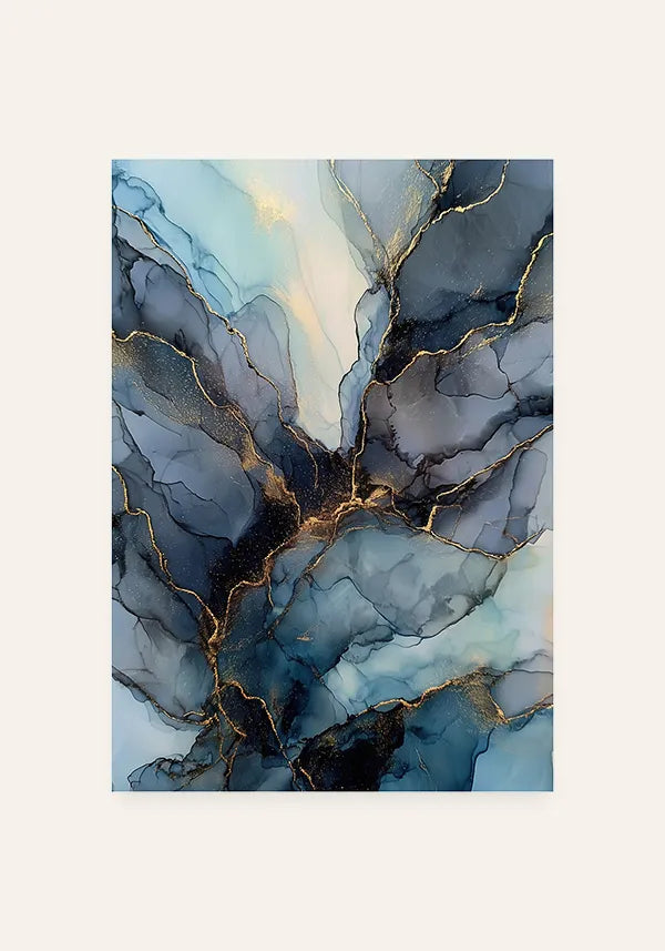 Quadro Abstrato Mármore Azul Acinzentado e Linhas Douradas I