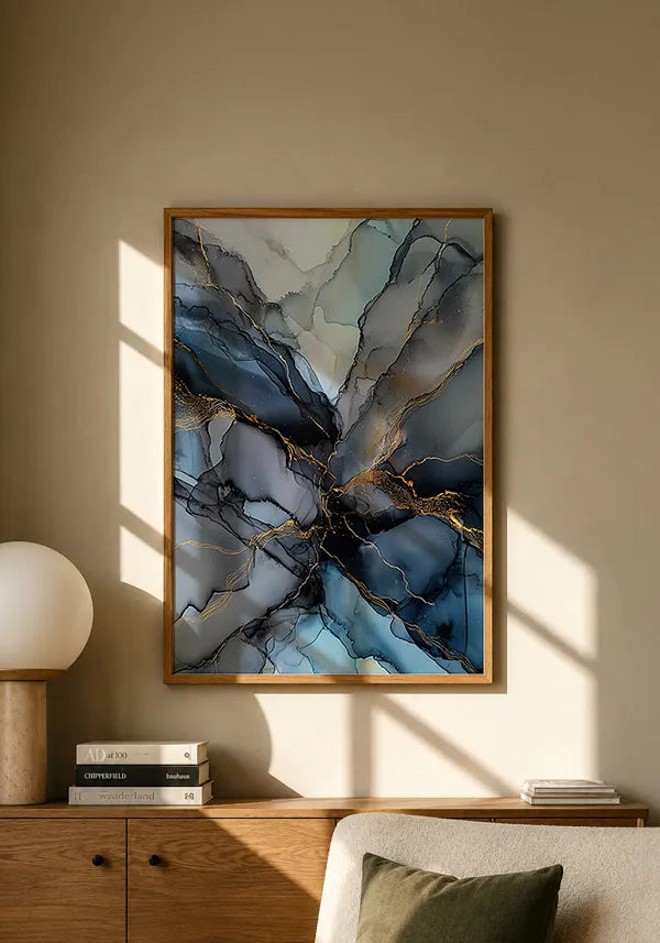 Quadro Abstrato Mármore Azul Acinzentado e Linhas Douradas II