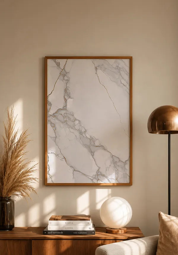 Quadro Mármore Abstrato Branco com Veios Cinza e Dourado I