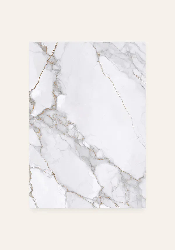 Quadro Mármore Abstrato Branco com Veios Cinza e Dourado I