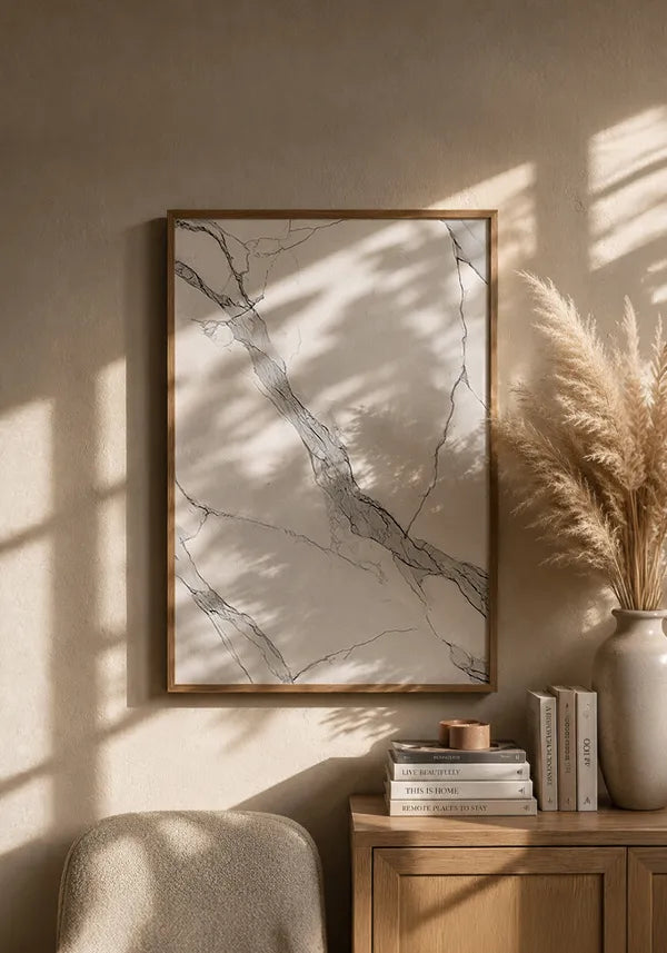 Quadro Mármore Abstrato Branco com Veios Cinza e Dourado II