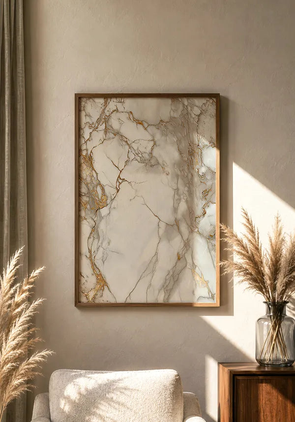 Quadro Mármore Abstrato Branco e Dourado I